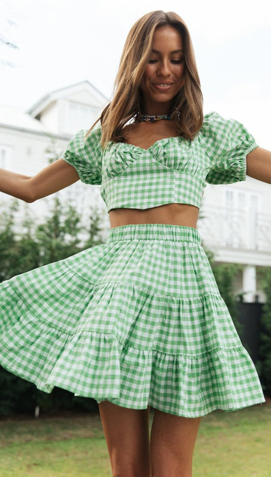 Plaid Backless Crop Top & Tiered Skirt Set | Gingham Two Piece Co Ord | noémi