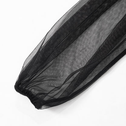 Mesh Puff Sleeve Pleated Bodycon Dress with Panel Stitching | noémi