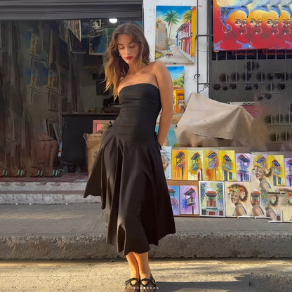 Womens Tube Top A Line Dress with Backless Design Waist Trimming | noémi