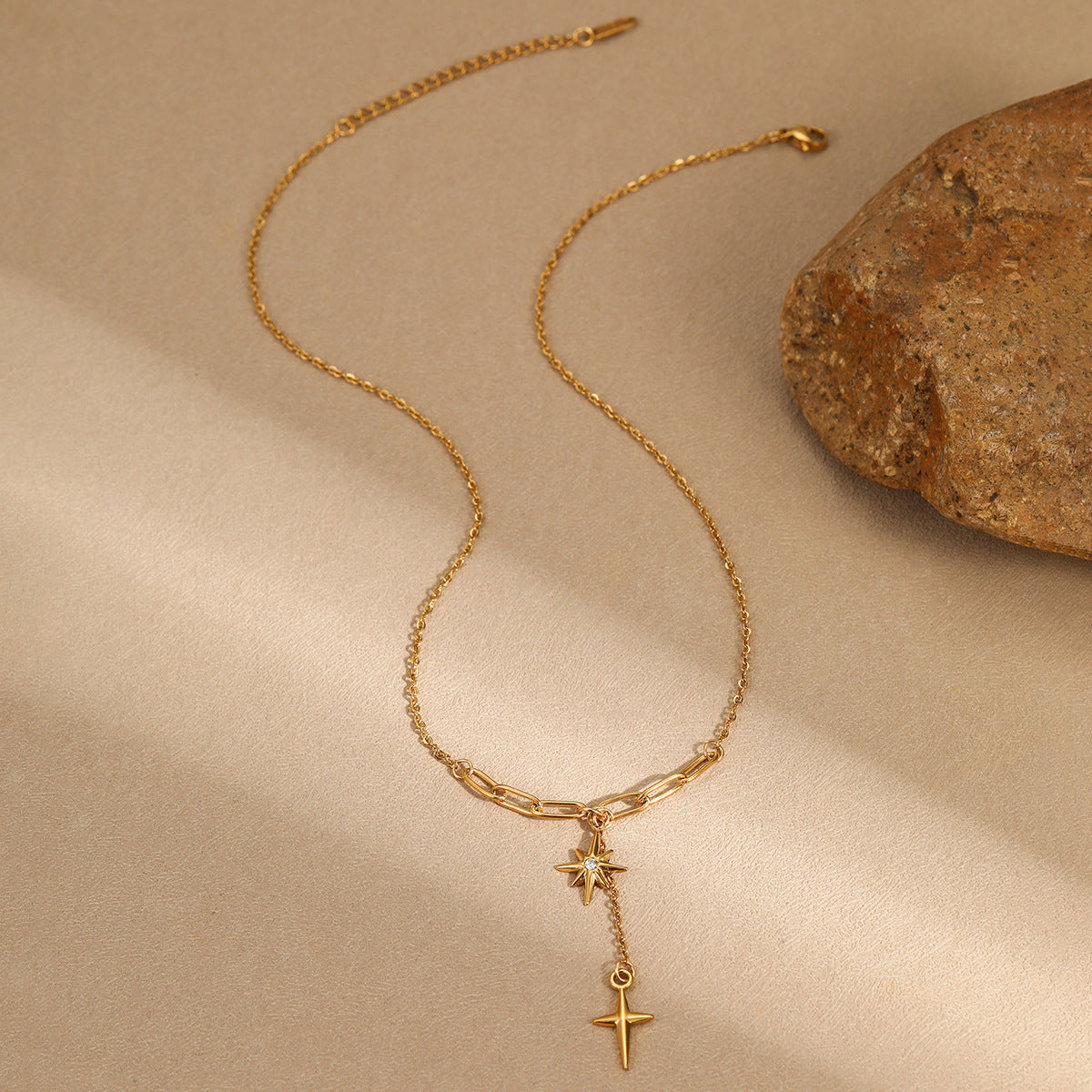 Gold Star & Cross Layered Necklace | Minimalist Clavicle Chain with Diamond Accent & Tassel Detail | noémi