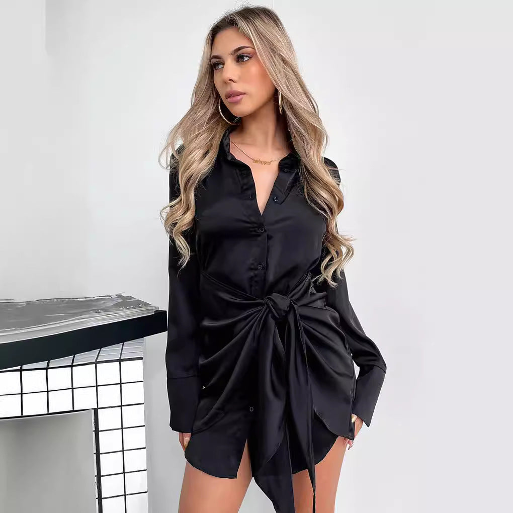 Womens Long Sleeve Button Up Tie Waist Dress | Black, Lightweight | noémi