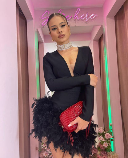 Deep V Feather Trim Sheath Dress | noémi