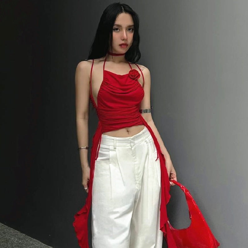 Bold Red Ruched Strappy Crop Top | Side Tie Tank | noémi
