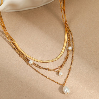 Multi Layer Gold Necklace with Water Drop Pearl | Tassel Pendant for Women | noémi