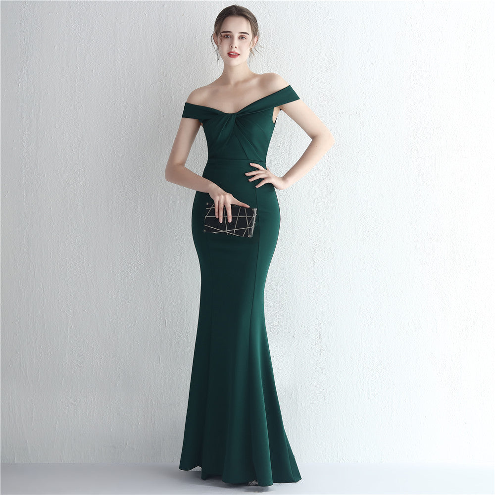 Satin Slim Off Shoulder Fishtail Gown | noémi