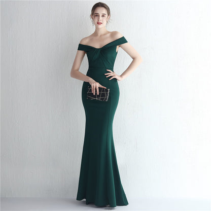 Satin Slim Off Shoulder Fishtail Gown | noémi