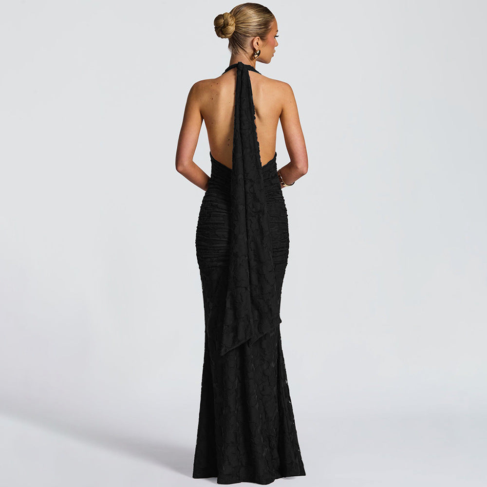 Womens Lace Pleated Maxi Dress with Deep V Neck and Backless Sheath Design | noémi