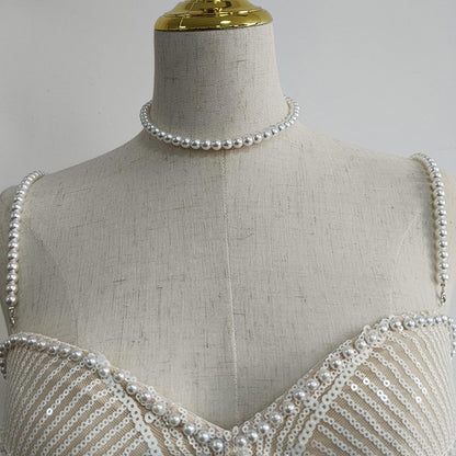 Pearl Embellished White Midi Dress | Strapless Cutout Gown with Beaded Detail | noémi