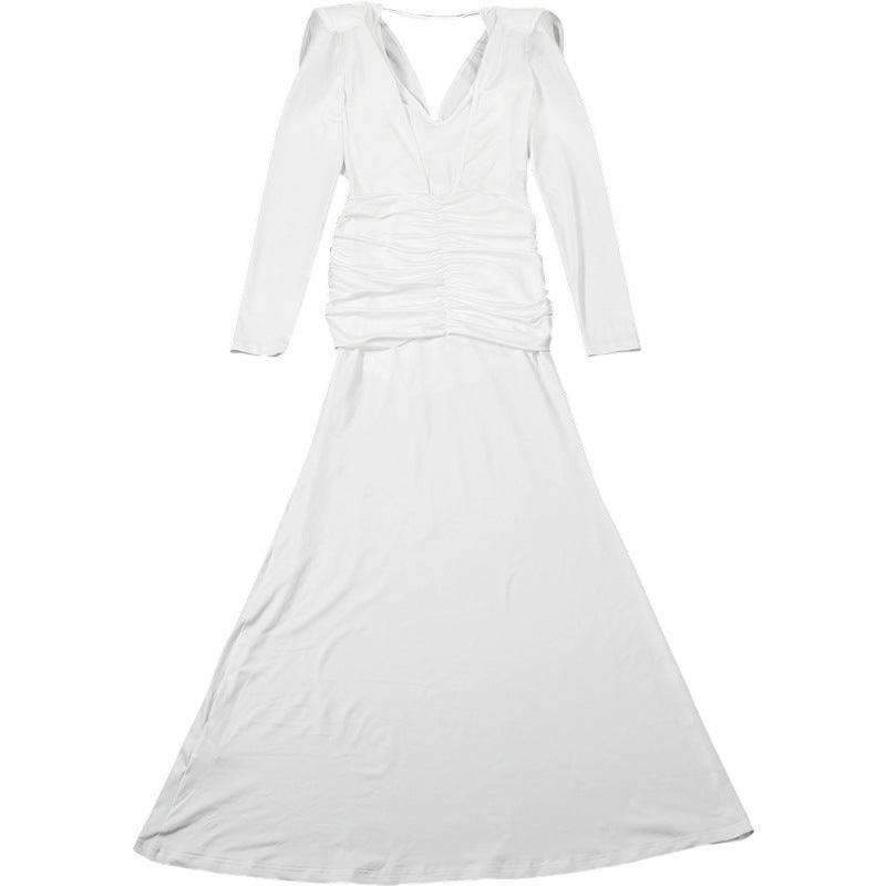 Womens Long Sleeve Pleated Dress with Swing Collar and Backless Design | noémi