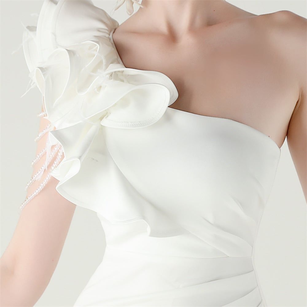 One Shoulder Floral Satin Gown | Beaded Ruffle High Slit | noémi