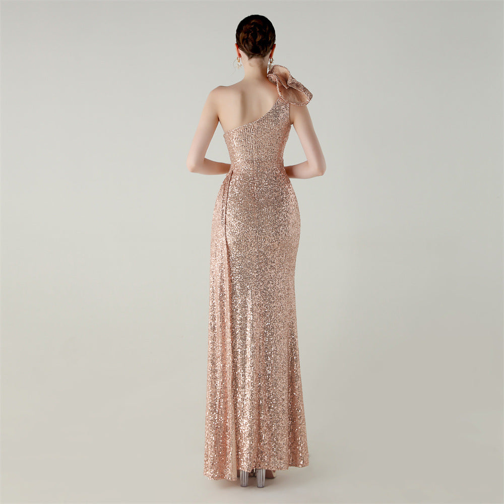 Womens One Shoulder Sequin Beaded Fishtail Gown | Floral Detail, Slim Fit | noémi