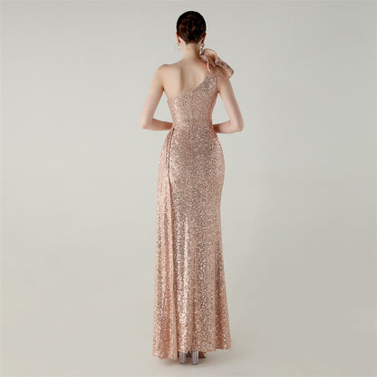 Womens One Shoulder Sequin Beaded Fishtail Gown | Floral Detail, Slim Fit | noémi