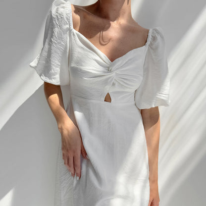 Women A Line Puff Sleeve Dress with Square Neck and Textured Fabric | noémi