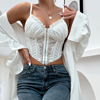 Satin Lace Corset Top | Bustier Crop Top with Boning & Lace Detail | Adjustable Straps | noémi