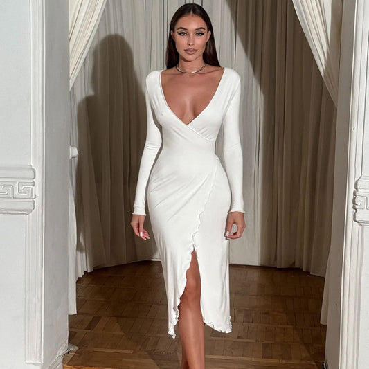 Women Deep V Neck Long Sleeve Waist Fitted High Slit Dress | noémi
