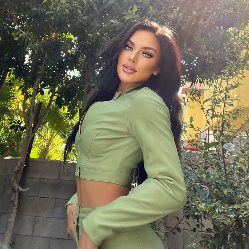 Womens Cropped Faux Leather Zipper Coat | Long Sleeve Sheath Jacket | noémi