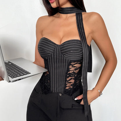 Black Lace Corset Top | Off Shoulder Striped Boning Corset | Sheer Stitching & Cotton Chest Wrap | noémi
