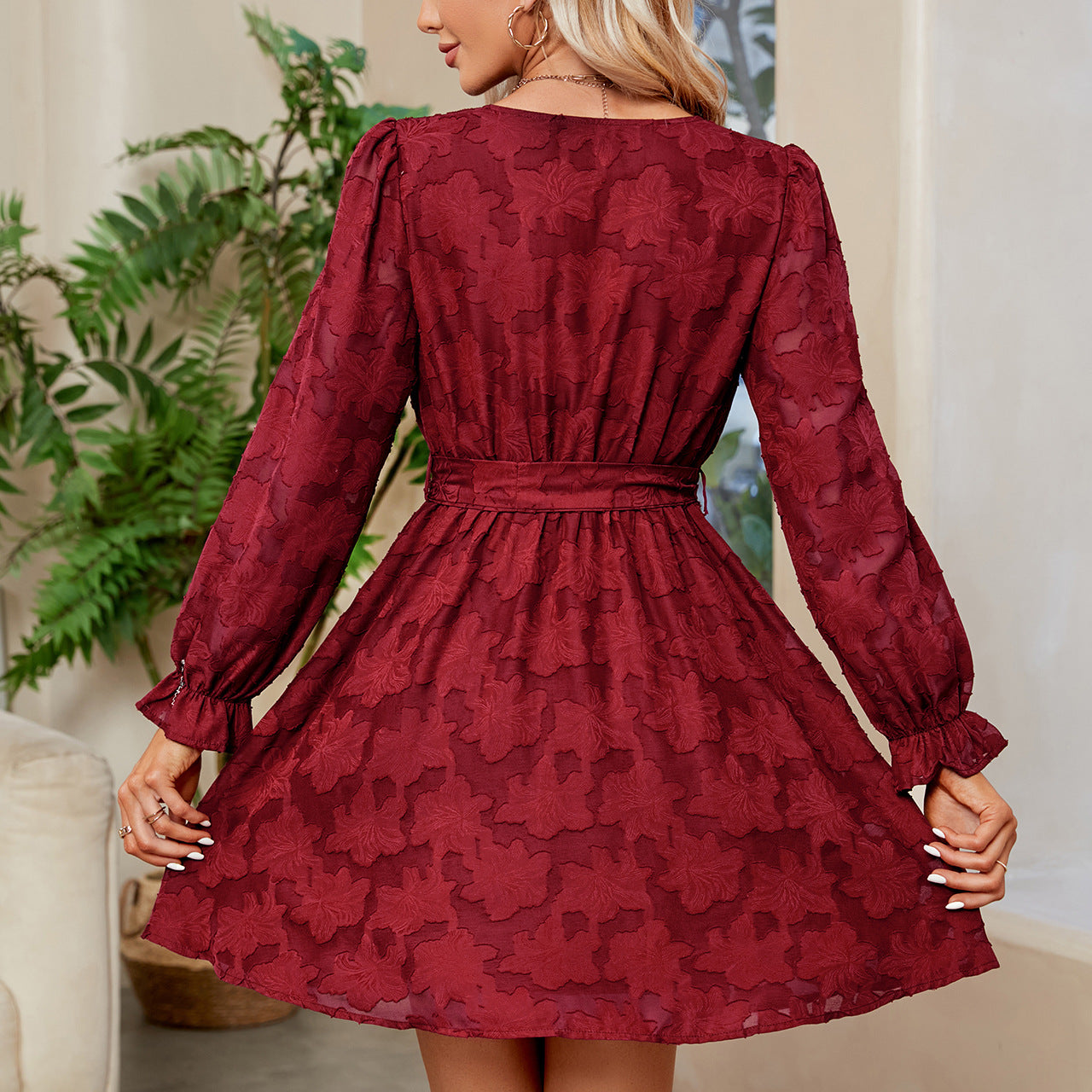 Lace Cocktail Dress | V Neck Long Sleeve Flare with Belt | noémi