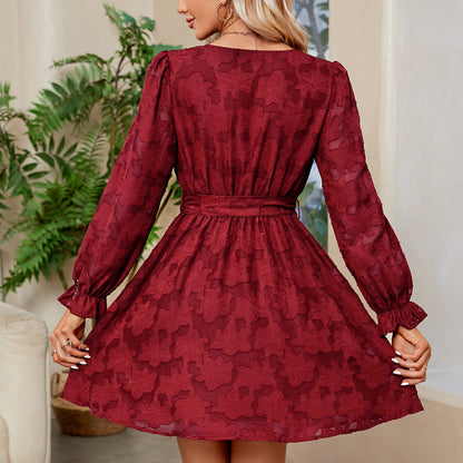 Lace Cocktail Dress | V Neck Long Sleeve Flare with Belt | noémi