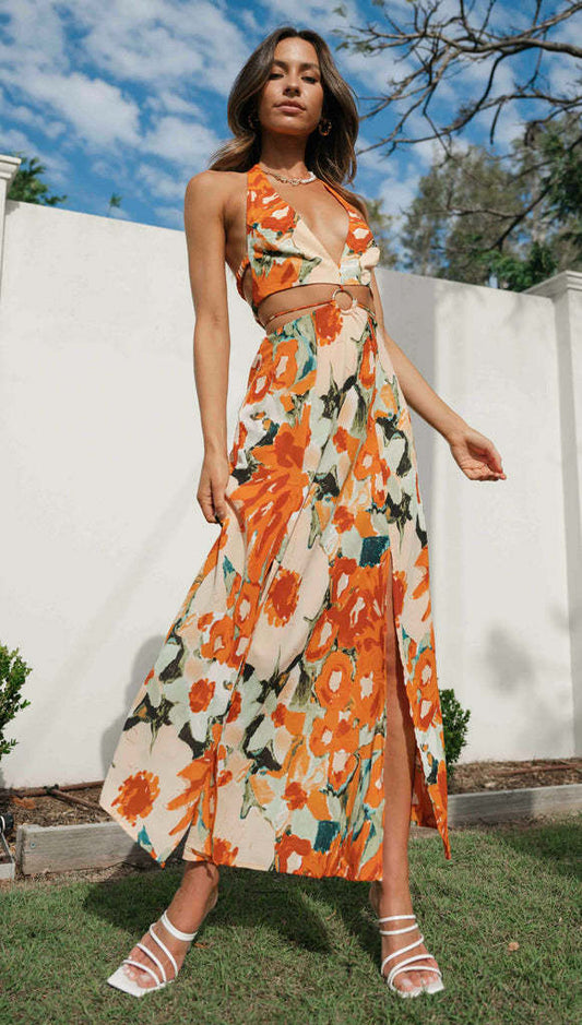 Floral Halter V Neck Maxi Dress | Backless, High Slit, Summer Boho Chic | noémi