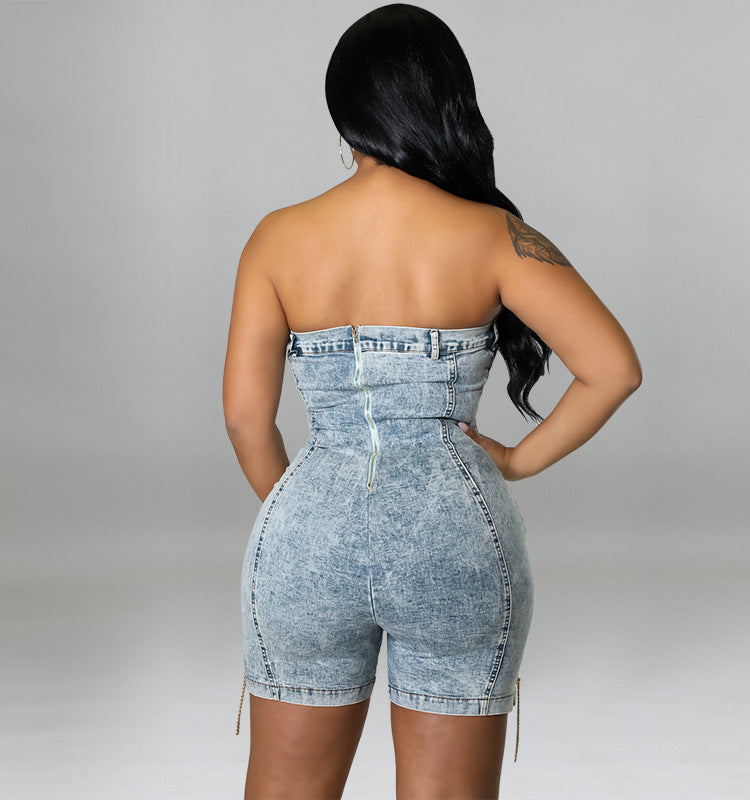 Women's Denim Romper | OffShoulder Copper Chain Dress | noémi