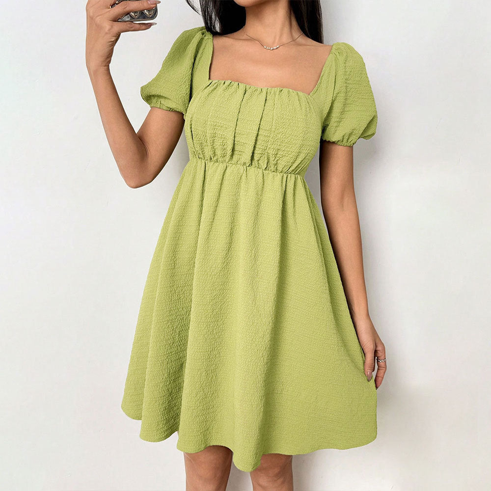 Women Square Neck Puff Sleeve Dress with Waist Shaping and Short Sleeves | noémi