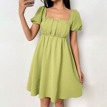 Women Square Neck Puff Sleeve Dress with Waist Shaping and Short Sleeves | noémi