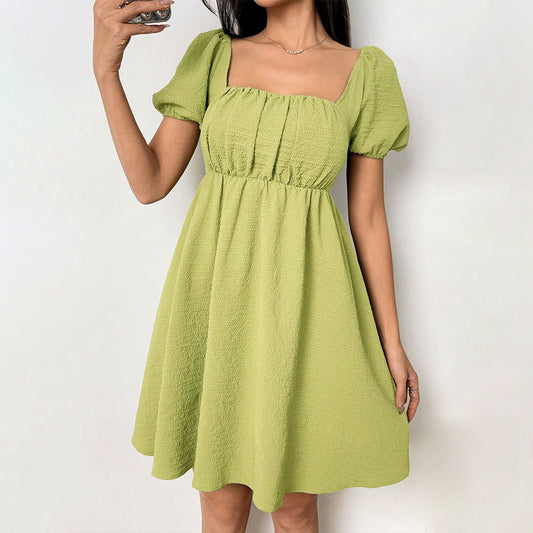 Women Square Neck Puff Sleeve Dress with Waist Shaping and Short Sleeves | noémi
