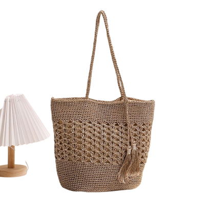 Large-Capacity Hollow-Out Straw Shoulder Tote – Tassel Boho Beach Bag, Natural/Gold | noémi