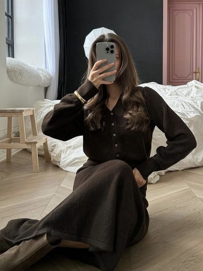 Two Piece Knit Skirt Set | Cozy Button Cardigan & Straight Skirt | noémi