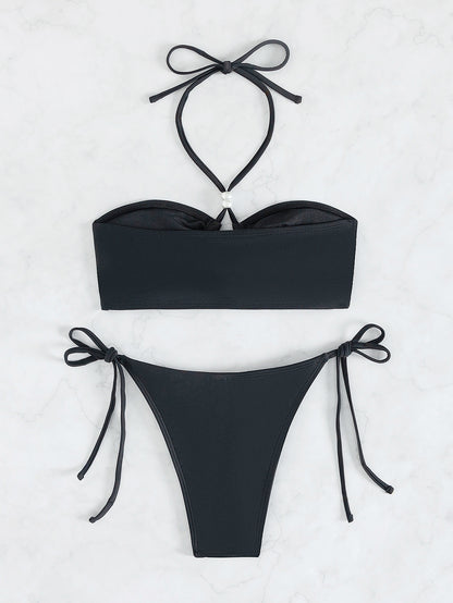 Halter Lace Up Bikini with Pearl Detail and Split Design | noémi