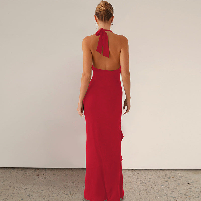 Womens V Neck Halter Dress with Split Back Detail | noémi