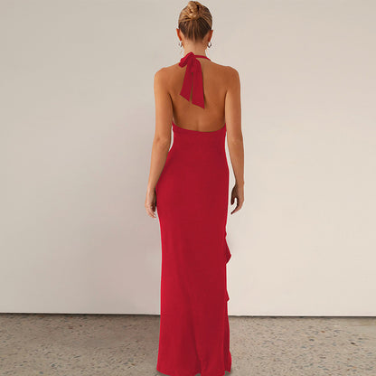 Womens V Neck Halter Dress with Split Back Detail | noémi