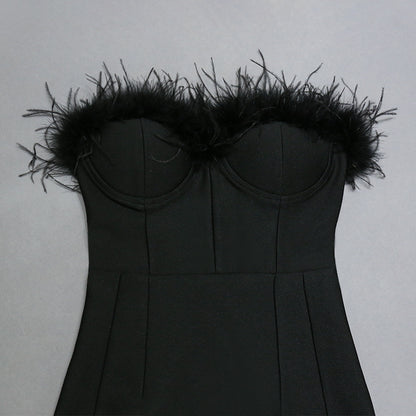 Women Tube Top Long Dress with Feather Trim and Bandage Fit | noémi