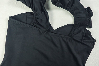 Black One Shoulder Ruffle Halter Gown | High Slit Dress | noémi