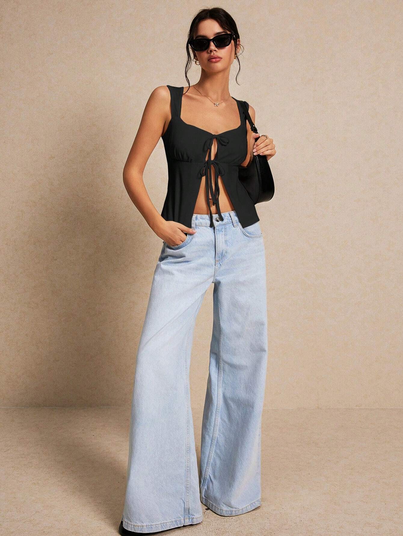 Double Tie Front Crop Top | Sleek Black Sleeveless Tank | noémi