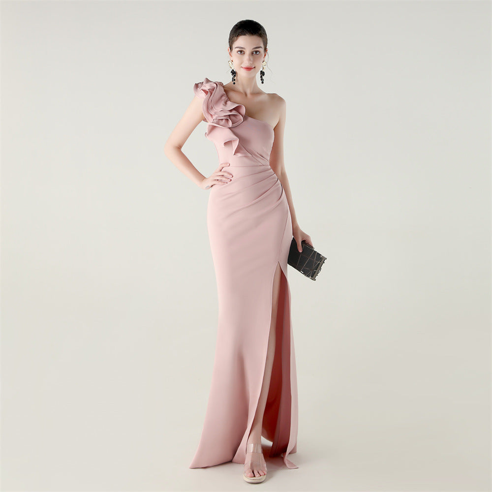Womens One Shoulder Satin Gown | Floral Detail with High Slit | noémi