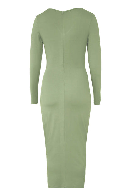 Pleated V Neck Dress with Fitted Waist and Long Sleeves | noémi