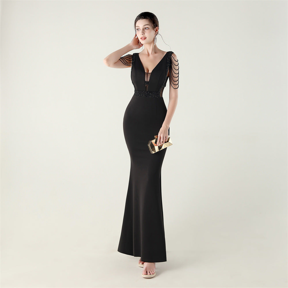 Deep V Plunge Beaded Evening Dress | Slim Fit Gown | noémi
