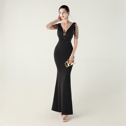 Deep V Plunge Beaded Evening Dress | Slim Fit Gown | noémi