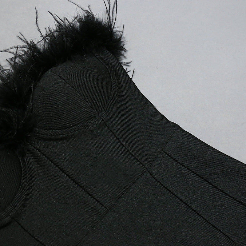 Women Tube Top Long Dress with Feather Trim and Bandage Fit | noémi