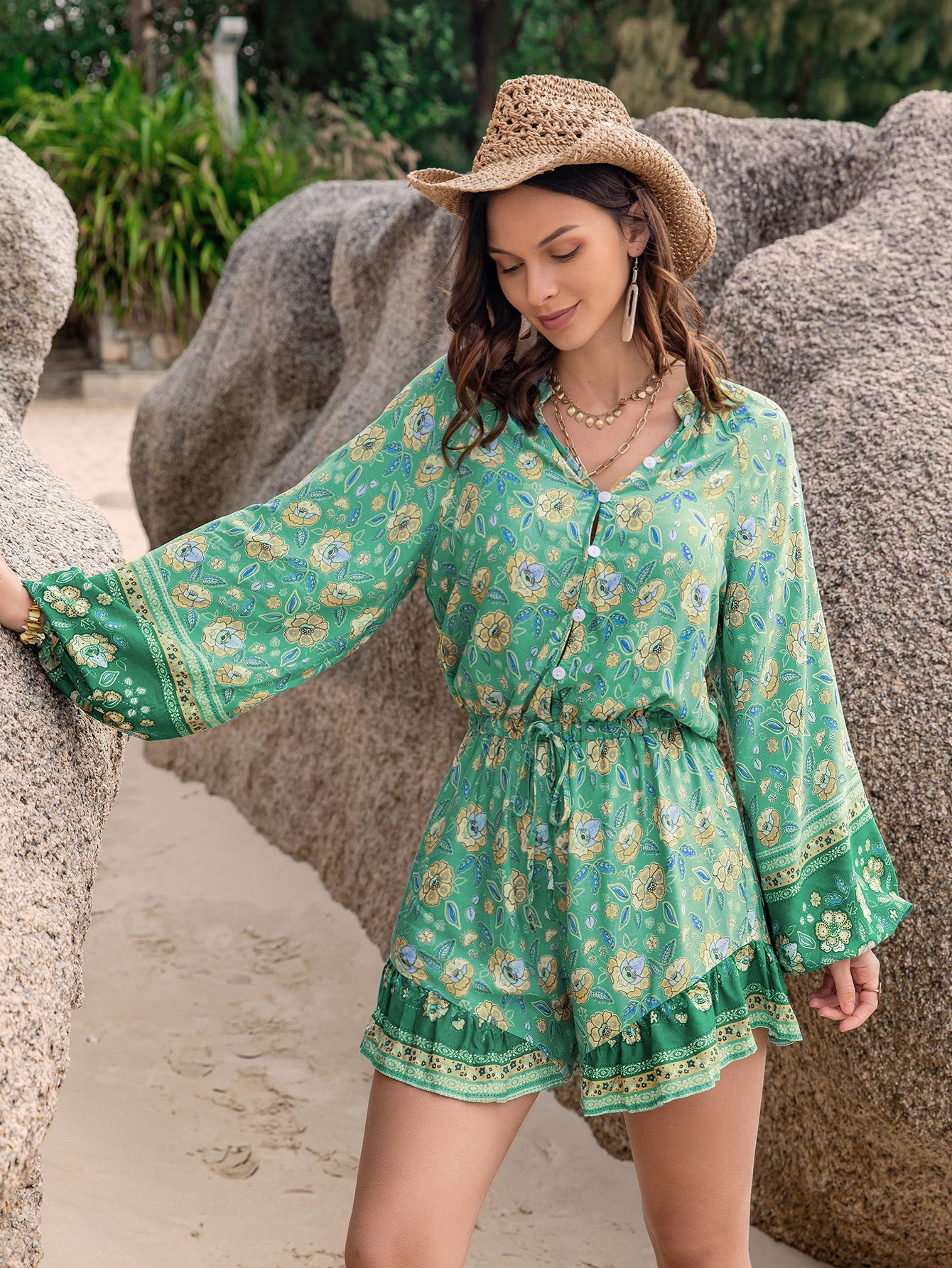 Boho Green Floral Long Sleeve Beach Romper | Lightweight | noémi