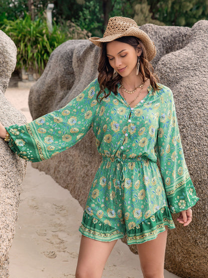 Boho Green Floral Long Sleeve Beach Romper | Lightweight | noémi