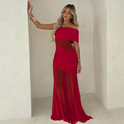 Summer Off Shoulder Pleated Dress | Mesh Stitching, Slim Fit | noémi