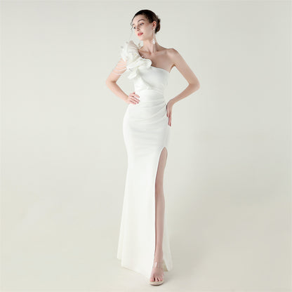 One Shoulder Floral Satin Gown | Beaded Ruffle High Slit | noémi