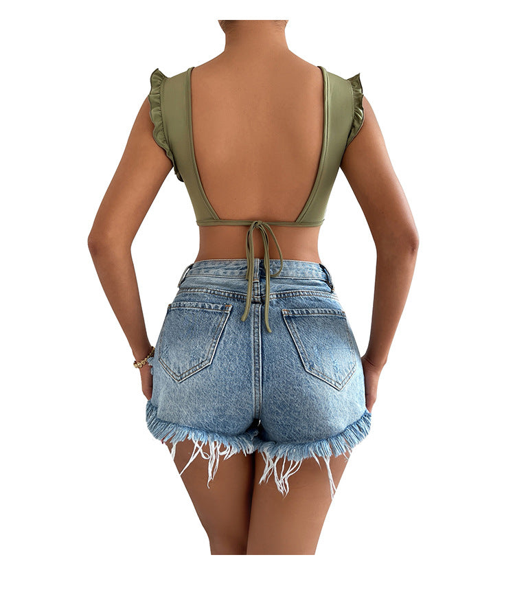 Women’s Olive Green Knot Front Cutout Top | Sleeveless, Back Tie | noémi