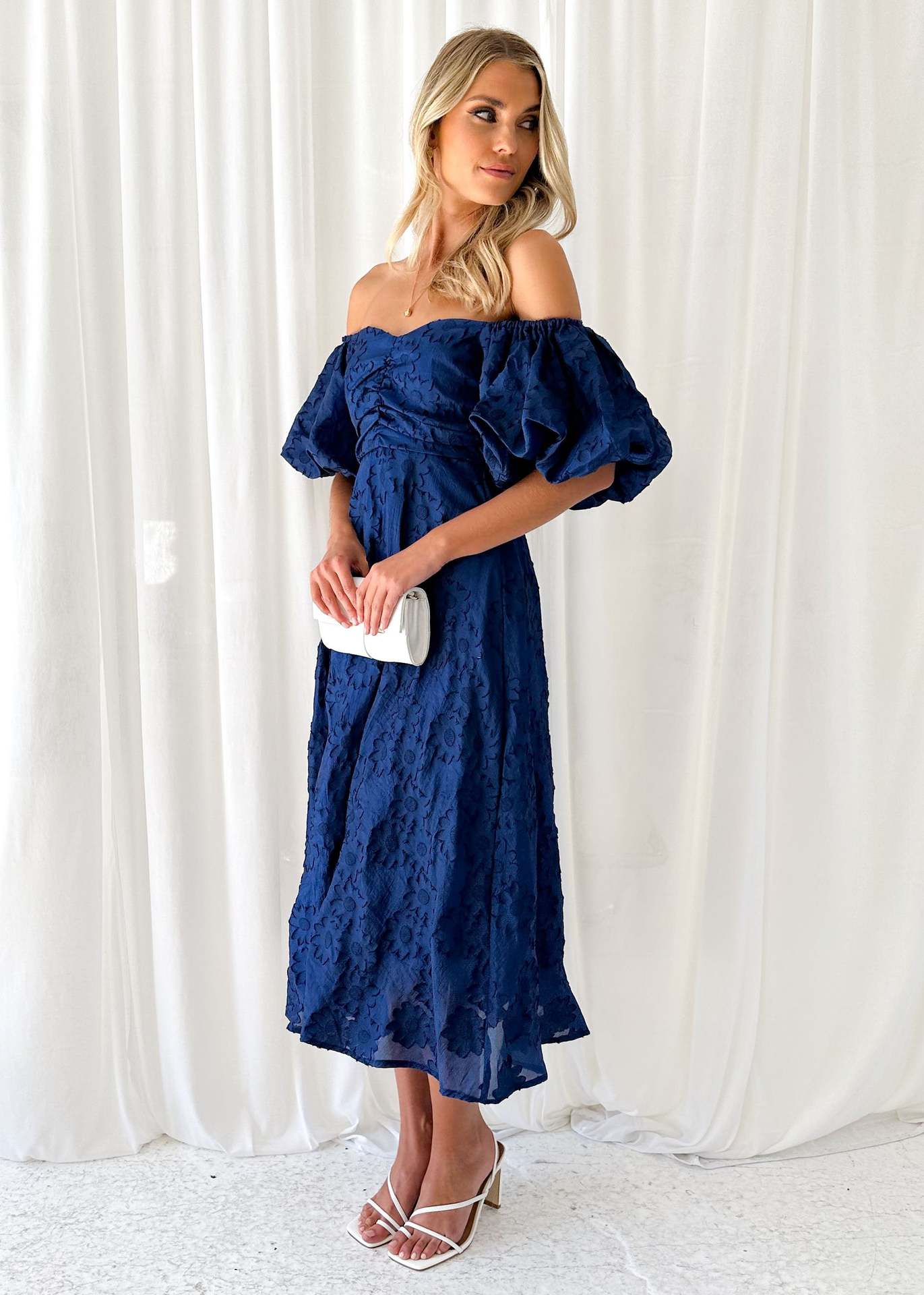 Womens Off Shoulder Floral Midi Dress with Mid Waist | noémi