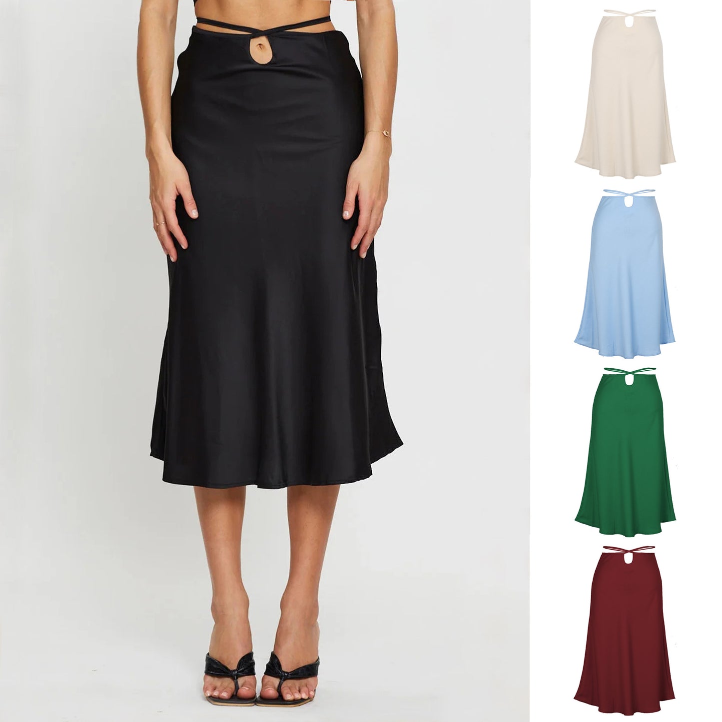 Women's Solid Color Midi Skirt | Navel Exposed Design | Lacing & Zipper Detail | noémi