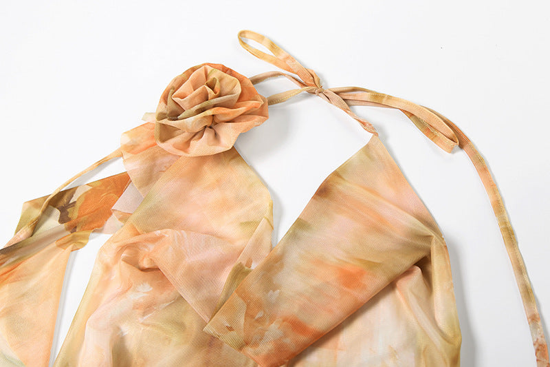 Womens Printed Halter Dress with Lace Up Mesh V Neck | noémi