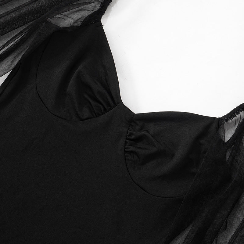 Mesh Puff Sleeve Pleated Bodycon Dress with Panel Stitching | noémi